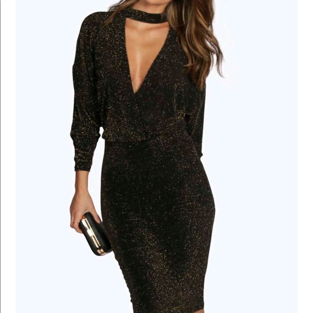 Metallic high neck body con dress